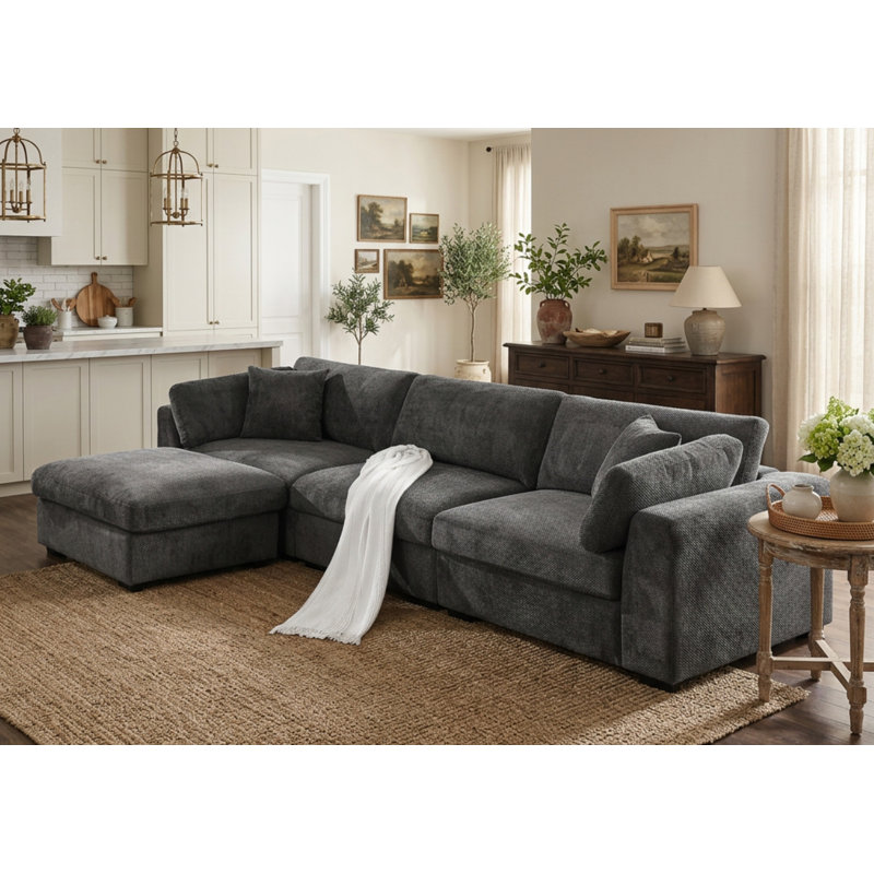 Oversized Modular L-shaped Sectional Sofa With Deep Seat, Wide Ottoman, Dark Gray Polyester Blend