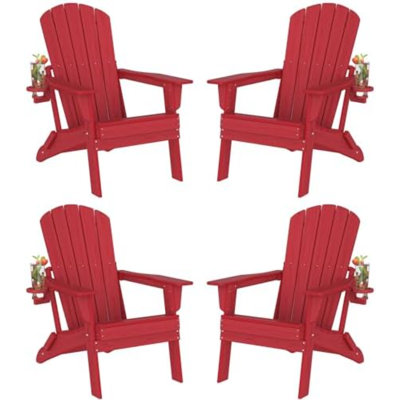 Folding Adirondack Chair Set Of 4, SGS Tested, Wooden Textured With Cup Holder, Heavy All-Weather HDPE Comfortable Set Poolside Backyard Lawn,Red