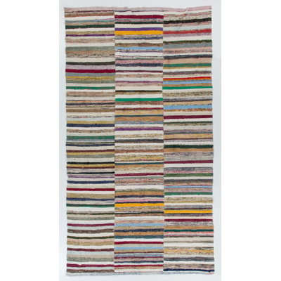 6.3x11.4 Ft Colorful Vintage Banded Cotton Kilim, Flat-Weave Rag Rug. Adjustable