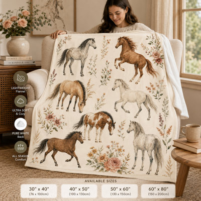 Soft Neutral Horse Flannel Blanket with Watercolor Wildflowers, Cream Botanical Throw Featuring Rustic Equestrian Art for Sofa, Bed and Guest Rooms, 50 x 60 in