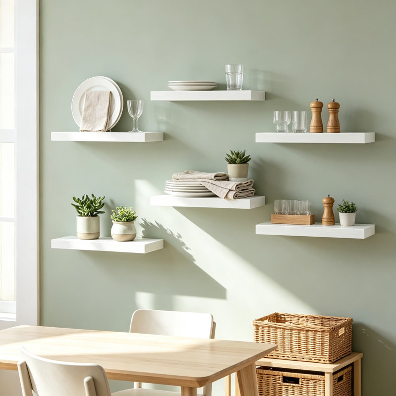 Étagères murales flottantes décoratives, fini bois rustique avec fixations invisibles, ensemble de 6, rangement polyvalent pour salon, chambre, salle de bain, cuisine