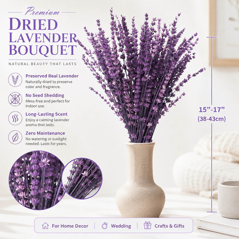 Bouquet de lavande violette stabilisée de 38 à 43 cm pour vases et décoration artisanale