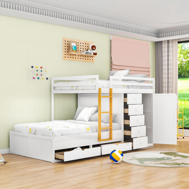 Lit superposé avec 2 grands tiroirs, 5 petits tiroirs et une petite armoire, Blanc