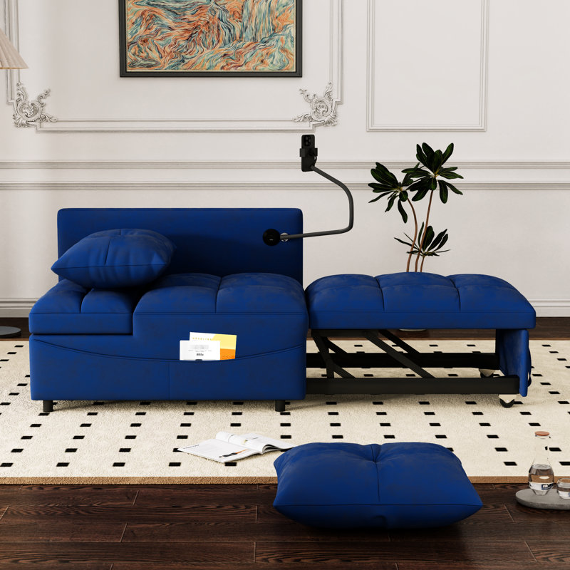 Lit d'invité moderne en velours bleu - dossier réglable de 105 à 180 degrés, conception, support de téléphone pliable pour plus de confort