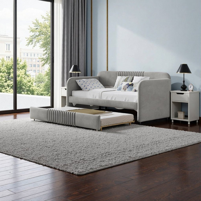 Velvet Upholstered Twin Daybed Sofa Bed with Trundle & Wood Slats - Space-Saving Sleeper, Light Blue/Beige/Gray, Gray