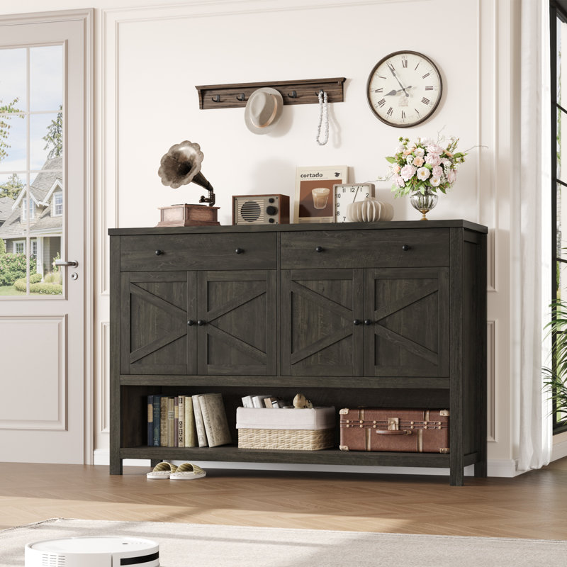 55.1"W Sideboard Buffet With Open Shelf And Drawers, Dark Brown