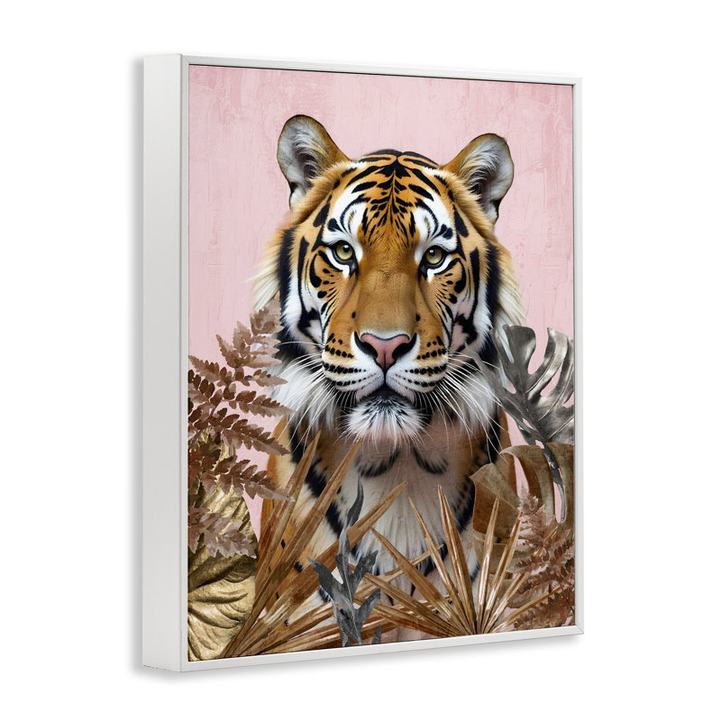 Tigre féroce sur giclée rose, design par Kim Allen, H 14 po x l 11 po, Estampe numérique encadrée blanc bord de mer