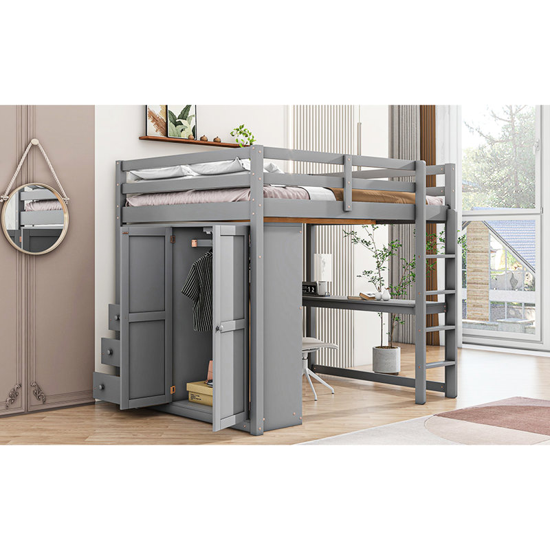 Full Size Loft Bed In Gray With Integrated Wardrobe, Desk, And Storage Size Practical Compartments, Gray