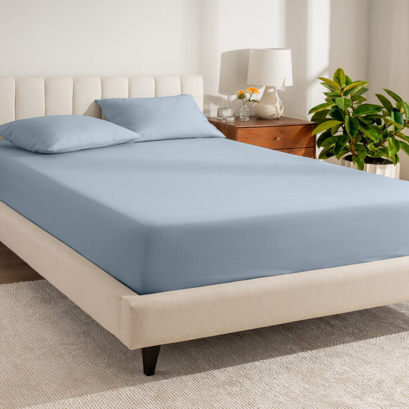 260 Thread Count Organic Cotton Percale Fitted Sheet, Queen Fitted Sheet, Dusty Blue