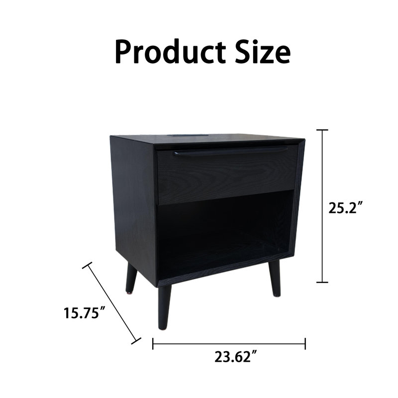 Mid Century Modern Nightstand with Charging Station, Retro Wooden End Table Living Room with Open Shelf & Large Storage Drawers, Side Table for Bedroom, Office, Black