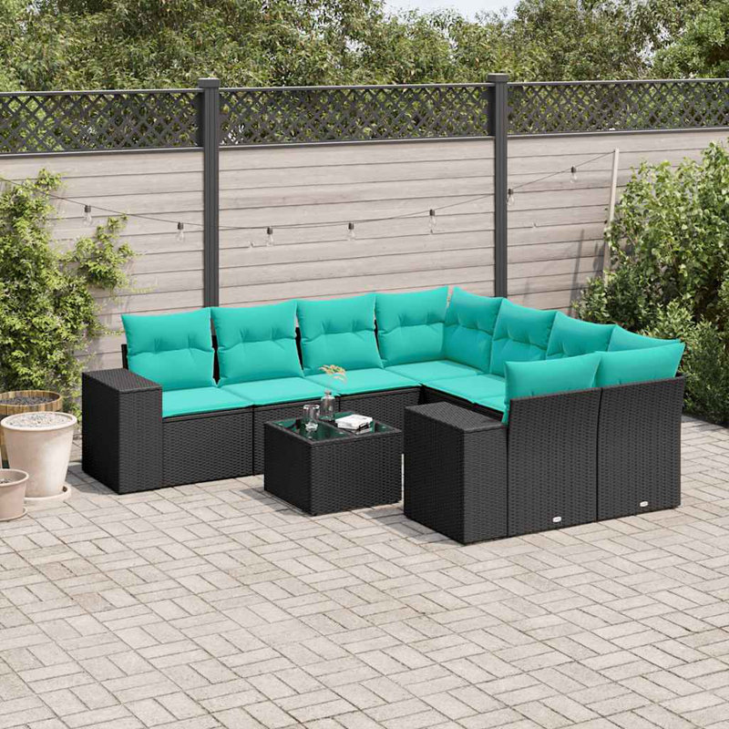 Ensemble de canapé de patio 9 pièces avec coussins en rotin de polyester, Bleu, Noir