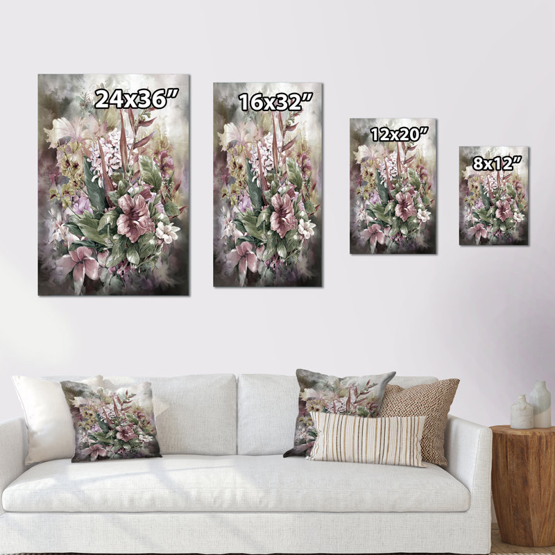 Grunge rose gris, fleurs d'été - décoration murale traditionnelle en toile, H 20 po x l 12 po x P 1 po, Toile tendue