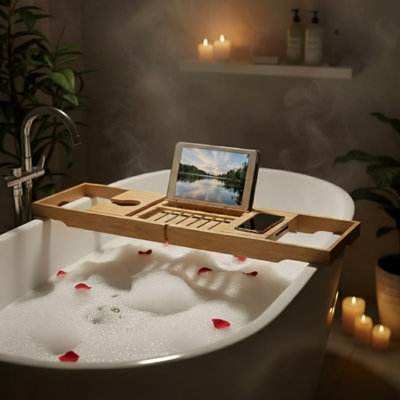 Lavish Home Bamboo Bathtub Tray - Wood Bath Caddy with Book, Phone, or Tablet Rest, Cup Holder, and Extended Sides for Bath Accessories