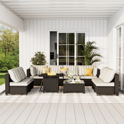 𝗡𝗼-𝗔𝘀𝘀𝗲𝗺𝗯𝗹𝘆 𝗖𝗵𝗮𝗶𝗿𝘀, Ensemble de conversation modulaire d'extérieur en osier pour 8 personnes avec conversation et coussins