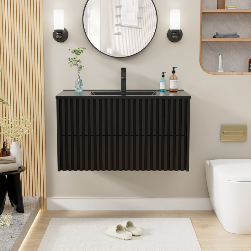 36" Modern Farmhouse Single Bathroom Vanity Set With Black Sink Top, Faucet, Floating Cabinet Assembly Required, Black