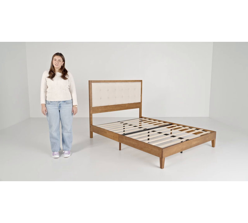 Walnut Queen Wood Platform Bed with Tufted Linen Headboard