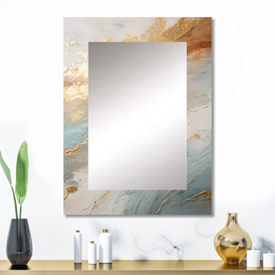Doré et bleu plage Tranquility IV - décor de miroir mural unique plage, grand miroir beige, impression d'art en métal