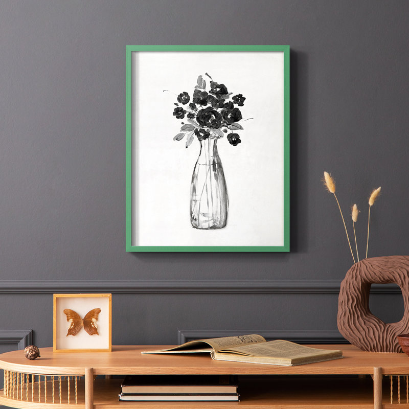 Impression encadrée florale noire et blanche II - bois massif, H 10 po x l 8 po, Vert