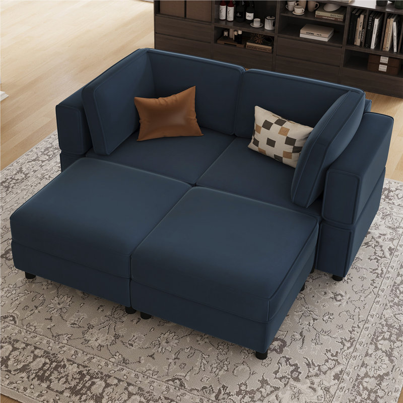 Modular Loveseat Sofa With Two Ottomans, Blue Velvet