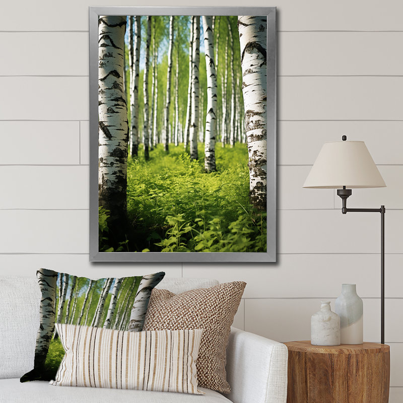 Décoration de mur blanc et vert bouleau II - paysage et nature, Cadre photo argenté, H 44 po x l 34 po x P 1,5 po