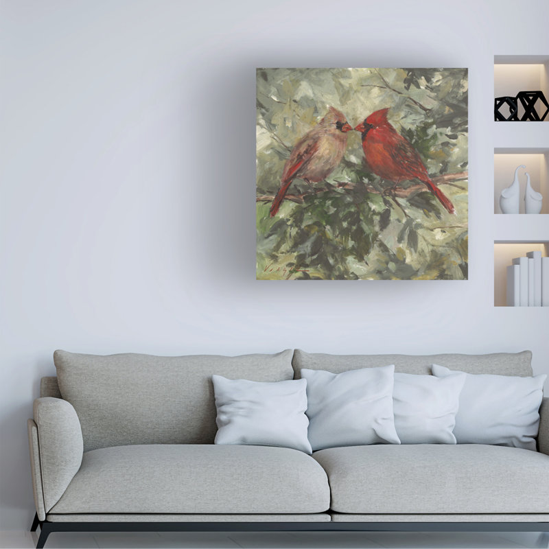 Art mural sur toile tendue - "Kissing Cardinals" de Mary Miller Veazie pour décoration de salon, de chambre à coucher ou de bureau - 18 x 18