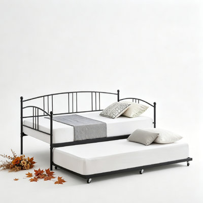 Lit de jour avec couchette, lit de jour simple en métal avec lit à roulettes coulissant à six roues, support à lattes en acier robuste, pour les salons, les chambres et les chambres d'amis, aucun matelas à ressorts requis.