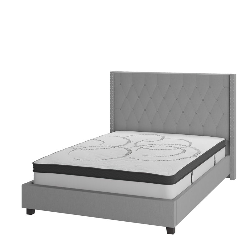 Riverdale Tufted Platform Bed with 10 Inch Pocket Spring Mattress, Full, Light Gray