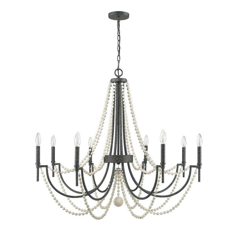 Grand lustre 8 lumières avec perles en bois Dalanna
