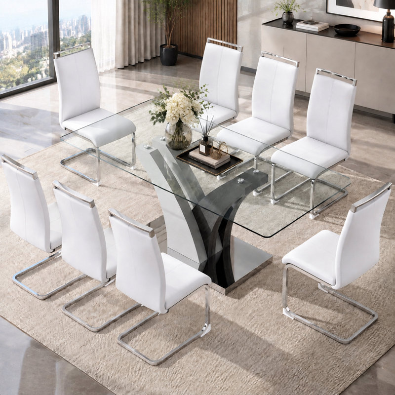 9-Piece Modern 71" Rectangular Tempered Glass Dining Set with Faux Leather Cantilever Chairs, White