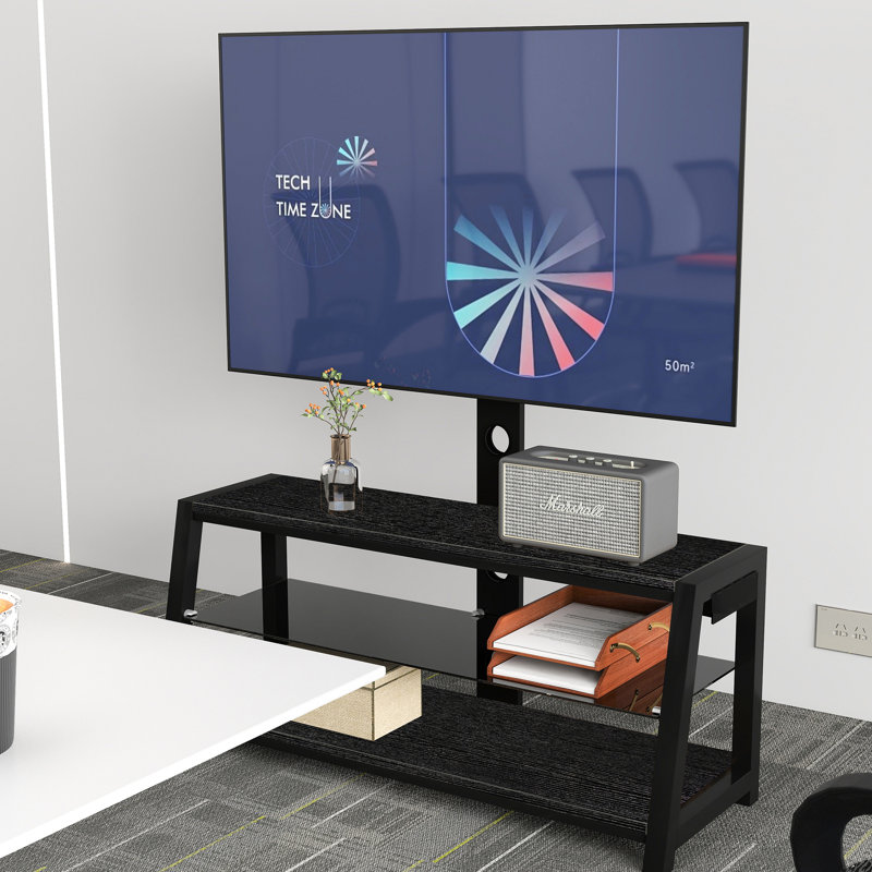 Verre trempé noir, meuble télé, pivotant, réglable en hauteur, tablettes à 3 niveaux et rangement, téléviseurs de 32 po et 65 po, charge de 180 lb, capacité de charge de gestion des câbles,