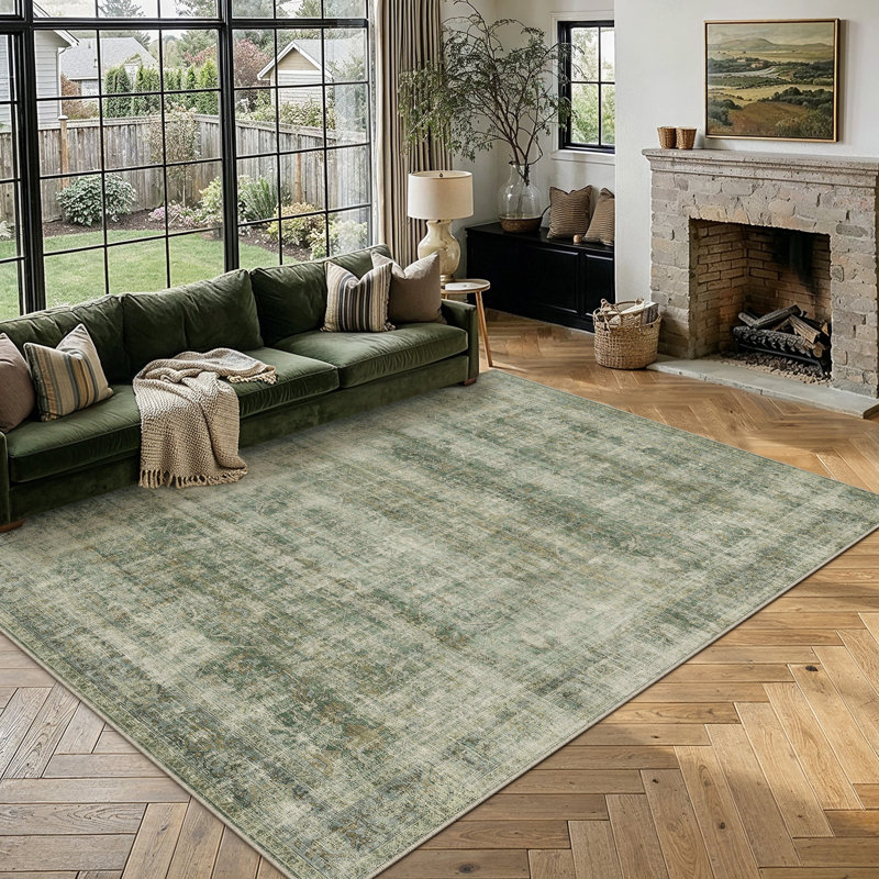 Tapis vert délavé lavable rétro Luis, Vert, Rectangle 9 pi x 12 pi