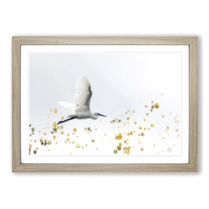 Great Egret Bird in Flight in Abstract - Picture Frame Painting Print, Oak Framed, 27cm H x 36cm W x 2cm D