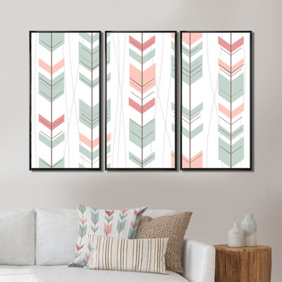 Ensemble de 3 flèches rétro géométriques bleues et roses sur toile encadrées bohémiennes