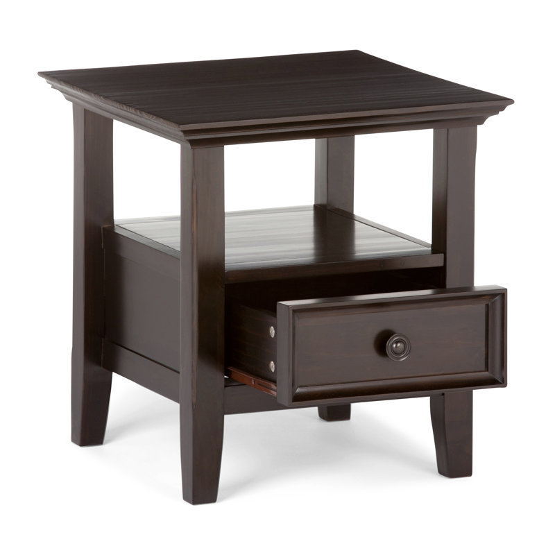 Amherst Solid Wood Transitional End Table with Drawer and Shelf, Hickory Brown