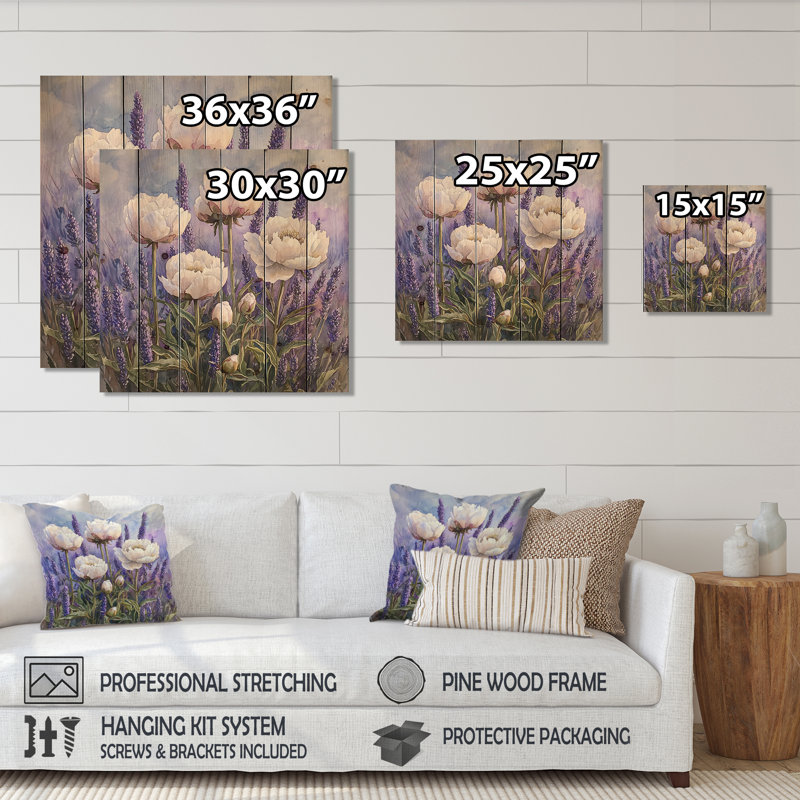 Peonies In The Lavender Field II - Peonies Wood Wall Decor - On Natural Pine Wood, 30" H x 30" W x 0.78" D