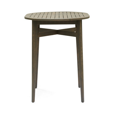 Wood Outdoor Bar Table With Rustic Appeal - Slatted Top And Structure Grey Patio Slat Design For A Contemporary Lounge