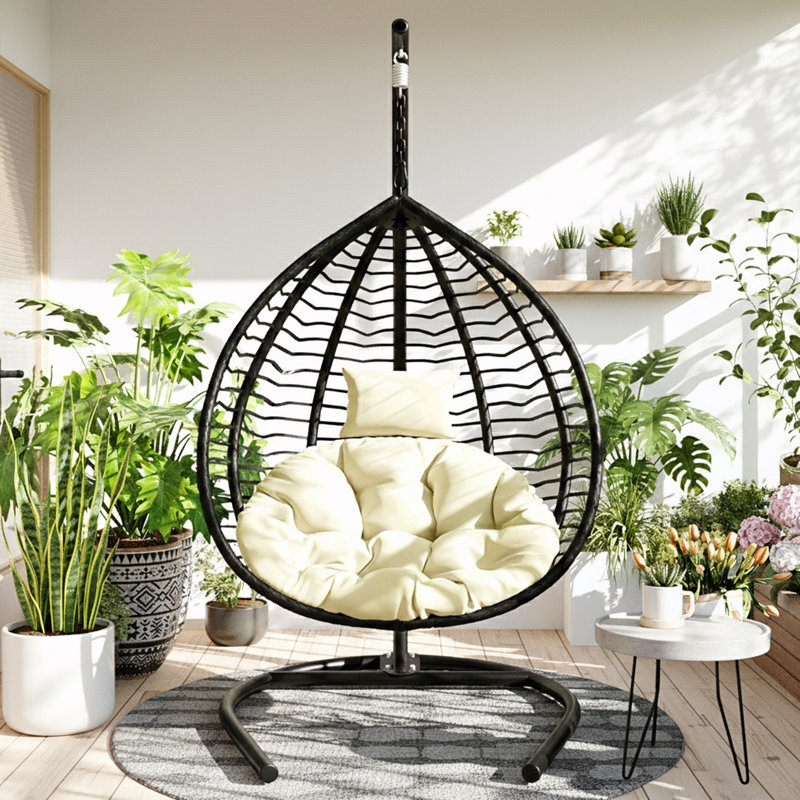 Chaise hamac pliable avec support avec coussin moelleux et appui-tête amovible, Noir, Beige
