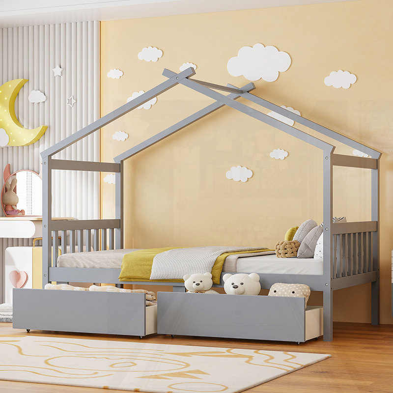 Lit en bois avec tiroirs, Gris, Simple