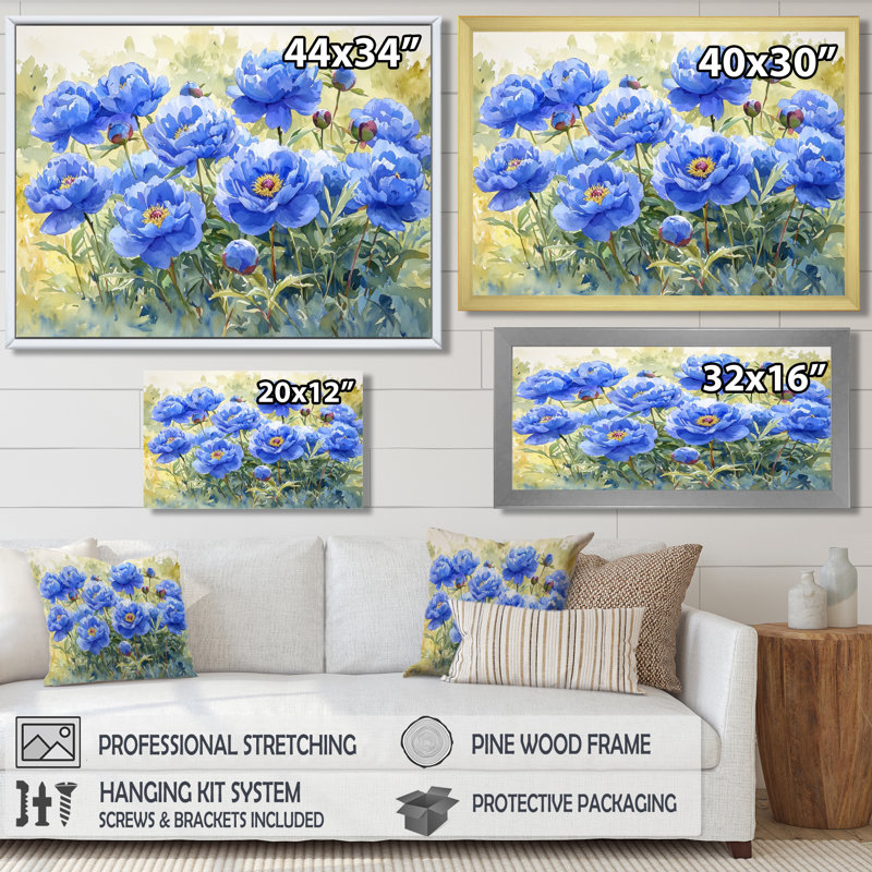 Pivoines bleues dans la prairie I - pivoines, art mural, H 30 po x l 40 po, Impression encadrée flottante, Blanc