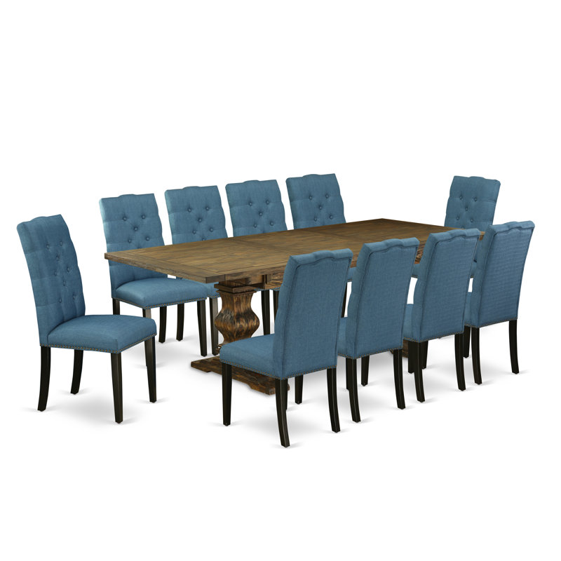 L'ensemble de salle à manger 11 pièces comprend une table de salle à manger rectangulaire avec rallonge amovible et 10 chaises de salle à manger Parson en tissu bleu