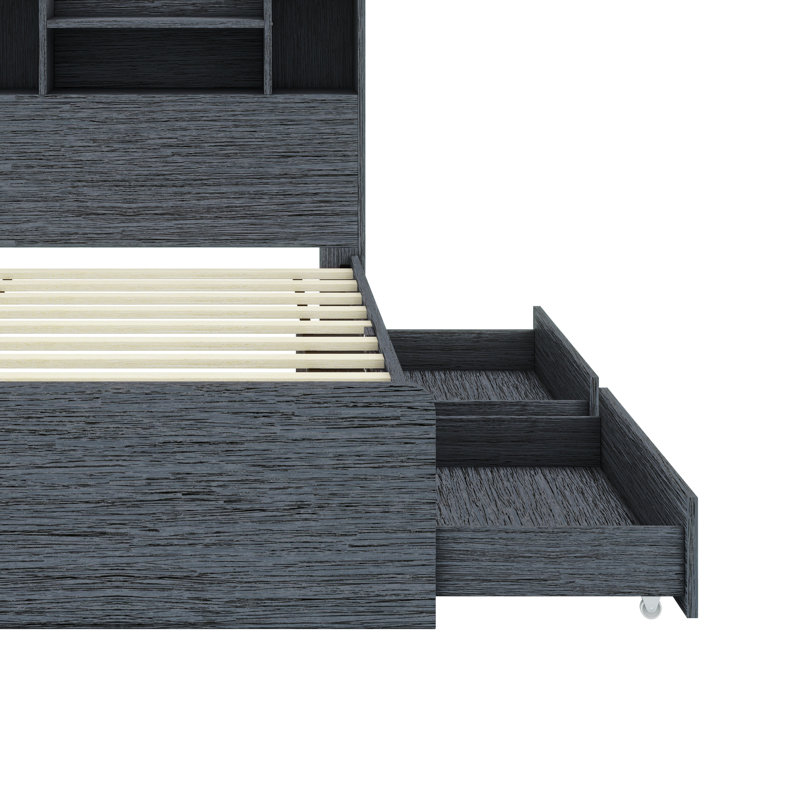 Danylle Twin Platform Bed Frame with 4 Open Shelves, 2 Storage Drawers and LED Light, Gray