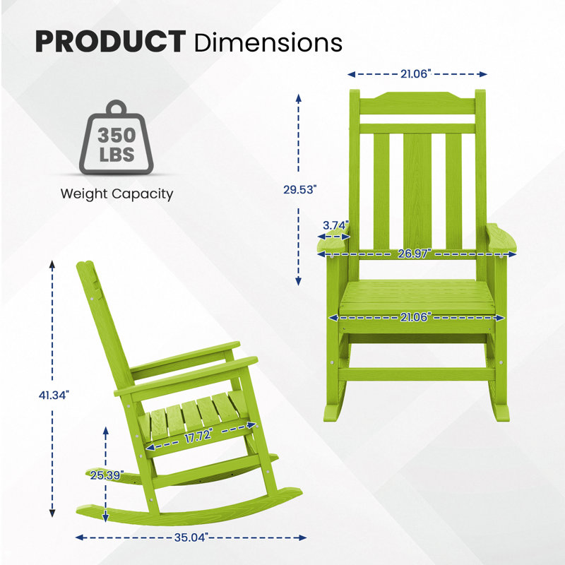 Wolak HDPE Oversized Modern Rocking Adirondack Chair(Set Of 2), Apple Green