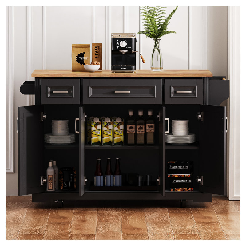 K&K 54-Inch Kitchen Island with Rubber Wood Drop Leaf and Wheels, Black Finish, Black