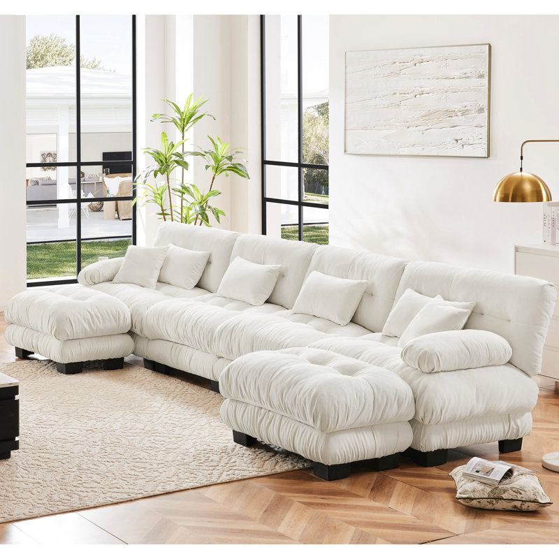 Canapé en U personnalisable - 4 places en chenille blanche avec 2 repose-pieds élégants et 4 espaces polyvalents relaxants