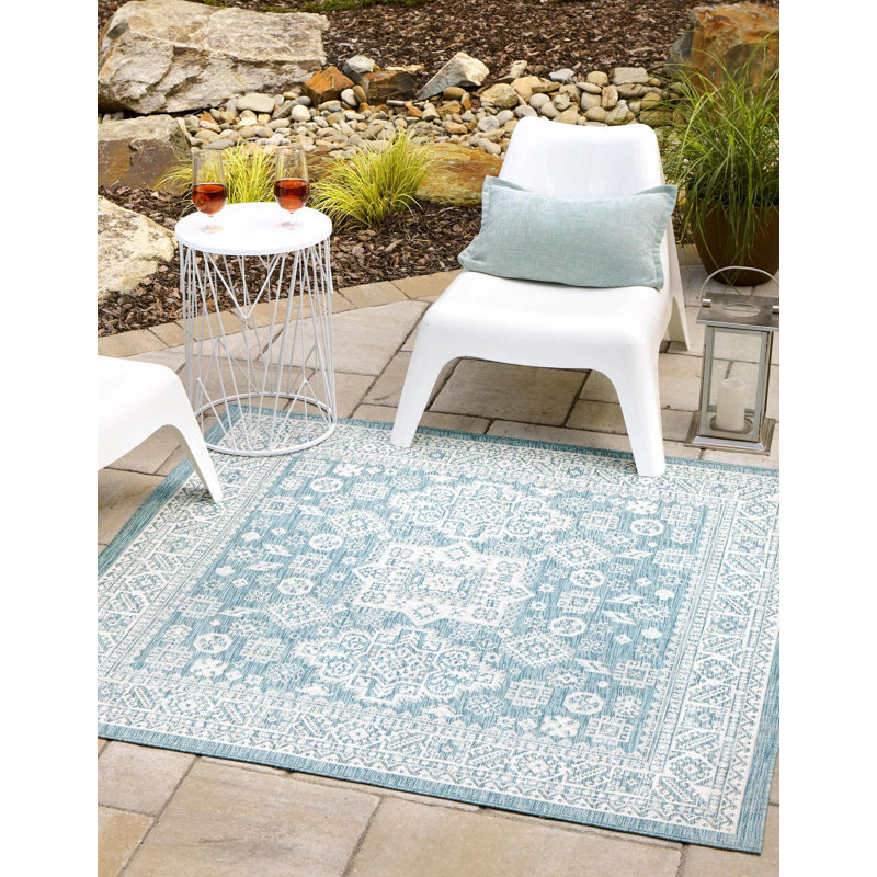 Tapis intérieur / extérieur bleu Danera, Carré 5 pi 3 po