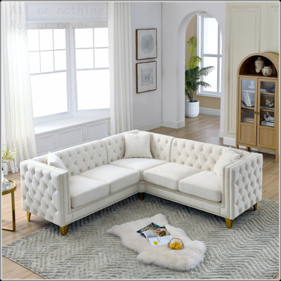 82.2-Inch Velvet Corner Sofa , L-Shaped Sectional Couch, 5-Seater Corner Sofas with 3 Cushions