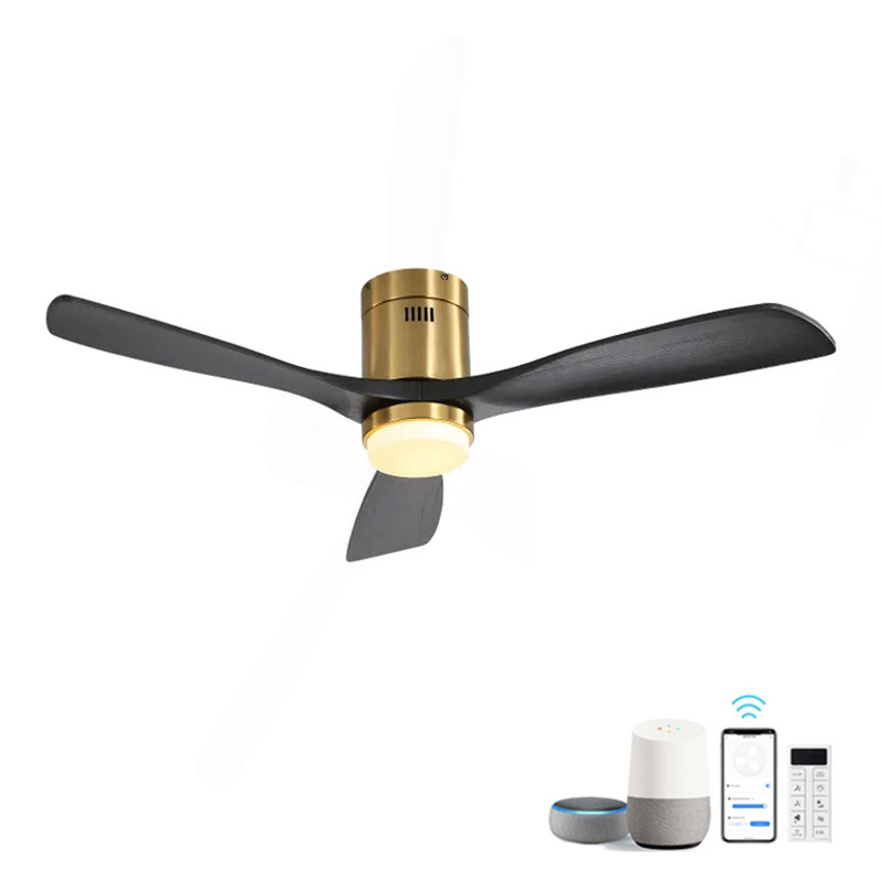 Ventilateur de plafond intelligent 52 po avec lumière - finition dorée, pales noir mat, commande vocale APP et Alexa, moteur réversible silencieux, DEL à intensité variable avec minuterie