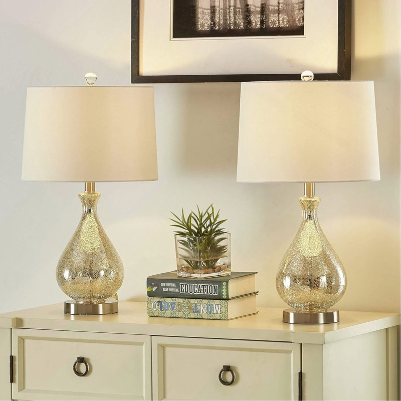 Lampe de table 23 po en verre transparent avec abat-jour en lin blanc et base en nickel poli (ensemble de 2) pour chambre à coucher, bureau, dortoir, table basse, bibliothèque