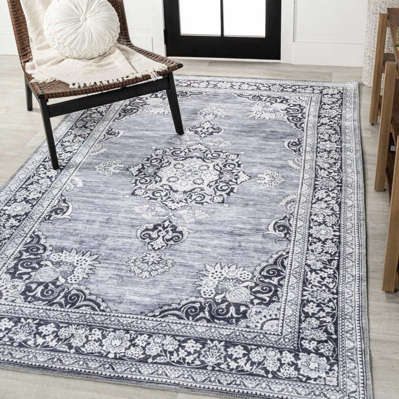 Frutuosa Bohemian Distressed Chenille Machine-Washable Grey/White Rug, Rectangle 3'11" x 6'
