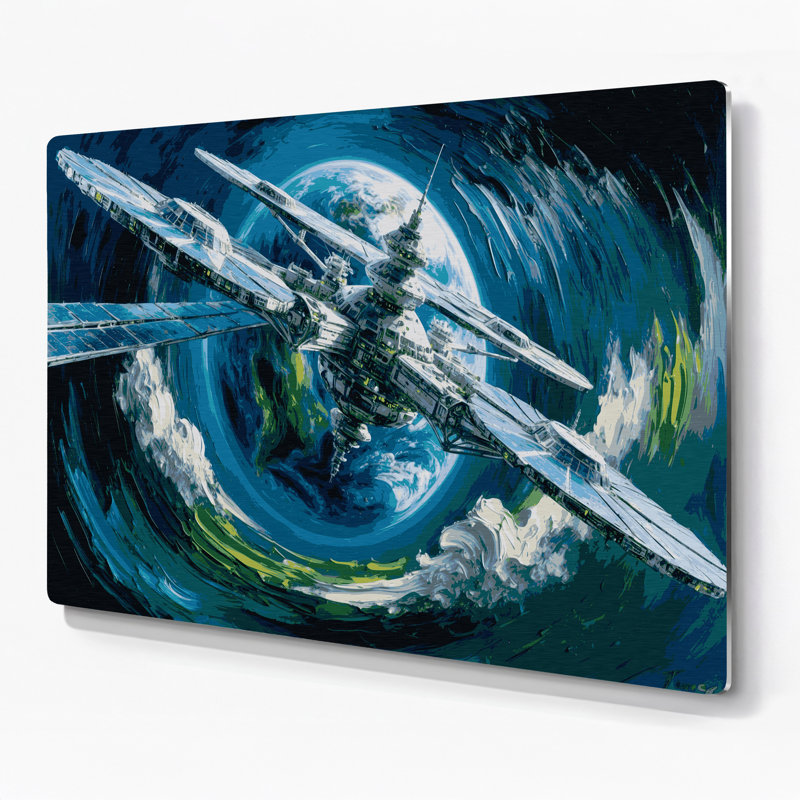 Art mural en métal Sciifi Space station orbiting Earth Blue